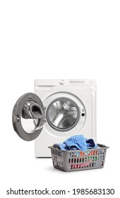 Studio Shot Of An Emptied Washing Machine And A Laundry Basket Isolated On White Background