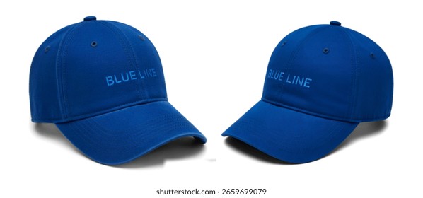 A studio shot featuring two identical royal blue baseball caps. Both caps display the text "BLUE LINE" embroidered in a slightly darker shade of blue on the front.