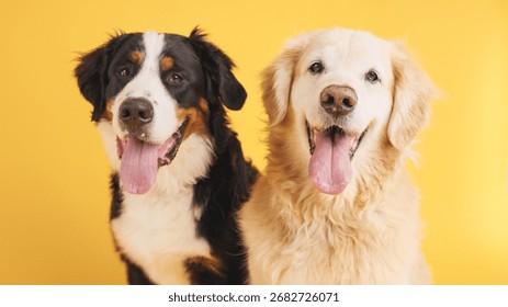 Studio shot featuring two joyful dogs, a golden retriever and a bernese mountain dog, panting happily against a vibrant yellow background