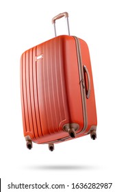 Studio shot of a flying orange suitcase