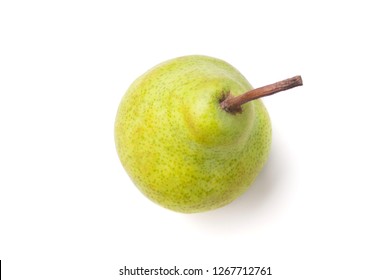 Studio Shot Of Fresh Green Natural Packham Pear Isolated On White, Top View.