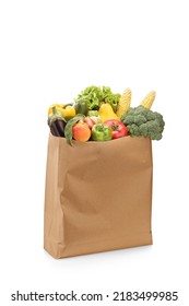 Studio Shot Of Fresh Organic Fruits And Vegetables In A Paper Bag Isolated On White Background