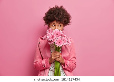 Studio shot of good looking curly haired woman smells flowers, enjoys pleasant odor and stands in stylish clothes indoor. Lovely African American lady holds beautiful bouquet of gerbera daisy