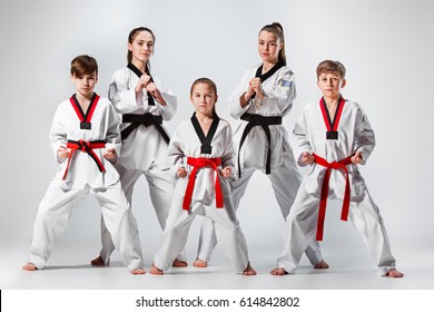 The studio shot of group of kids training karate martial arts - Powered by Shutterstock