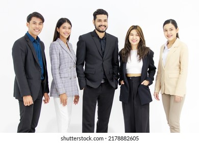 Studio Shot Group Of Millennial Indian Asian Cheerful Professional Successful Male Female Businessman Businesswoman In Formal Suit Standing Smiling Crossed Arms Posing Together On White Background.