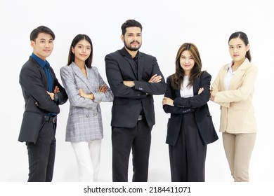 Studio Shot Group Of Millennial Indian Asian Cheerful Professional Successful Male Female Businessman Businesswoman In Formal Suit Standing Smiling Crossed Arms Posing Together On White Background.