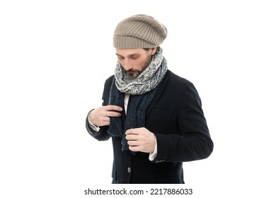 Studio Shot Of Guy Wearing Warm Clothes And Hat. Guy Winter Fashion With Warm Clothes.