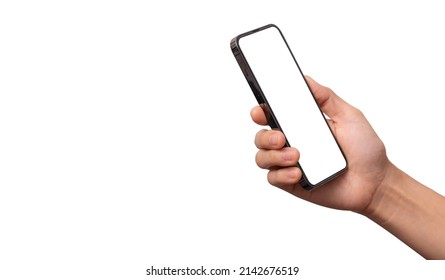 Studio shot of Hand holding Smartphone with blank screen for Infographic Global Business web site design app, - Clipping Path	
 - Shutterstock ID 2142676519