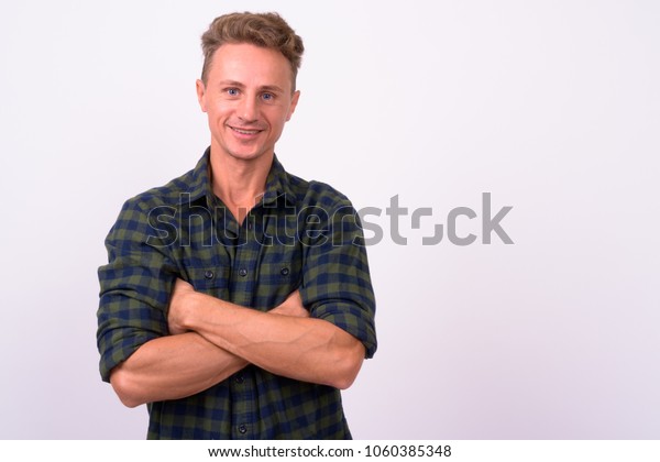 Studio Shot Handsome Man Blond Curly Stock Photo Edit Now 1060385348