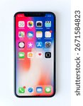 Studio Shot of iPhone X Space Gray, This is the newest product of Apple with 5.8 inch display. Unlocking of the phone is possible only detection of the owner