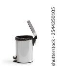 Studio shot of a metal trash can with an open lid isolated on white background