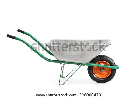 Studio shot of a metal wheelbarrow with green handles isolated on white background