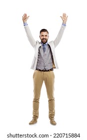 Studio Shot Of Modern Hipster Businessman With Hands Up, Isolated On White Background