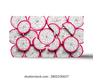 Studio shot of multiple freshly sliced dragon fruit rounds and wedges neatly layered together against a stark white background.