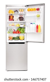 Studio Shot Of An Open Fridge Full Of Healthy Food Products Isolated On White Background