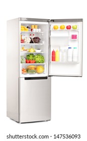 Studio Shot Of An Open Fridge Full Of Healthy Food Products Isolated Against White Background