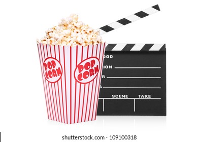 A Studio Shot Of An Open Movie Clap And Popcorn Box Isolated On White Background