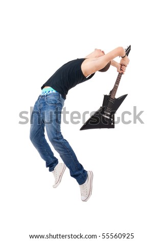 studio shot picture on isolated background of a angry man holding a guitar and trying to break it Foto stock © 