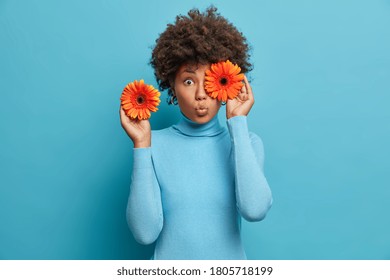 Studio shot of pretty surprised woman covers eyes with orange gerberas, holds flowers, decorates hall for special occasion, dressed in blue turtleneck, stands indoor. Copy space for your information - Shutterstock ID 1805718199