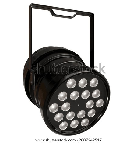 Studio shot of a professional black LED PAR can stage light with a dual mounting bracket, isolated on a pure transparent background