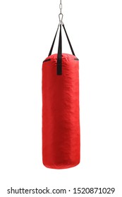 Studio shot of a red punching bag hanging isolated on white background