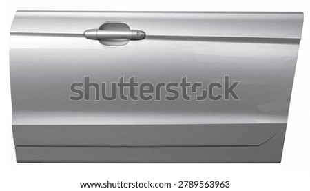 A studio shot of a replacement silver car door panel with a handle, isolated on a clean white background.