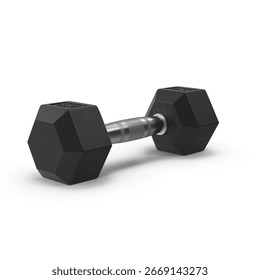 A studio shot of a single black hexagonal dumbbell isolated on a white background. The dumbbell features a textured grip and a metallic connecting bar.