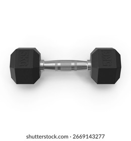 A studio shot of a single black hexagonal dumbbell isolated on a white background. The dumbbell features a textured metallic handle connecting two hexagonal weights.
