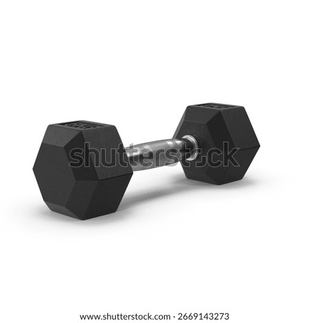 A studio shot of a single black hexagonal dumbbell isolated on a white background. The dumbbell features a textured grip and a metallic connecting bar.