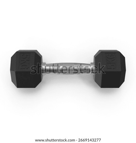 A studio shot of a single black hexagonal dumbbell isolated on a white background. The dumbbell features a textured metallic handle connecting two hexagonal weights.