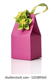 Studio Shot Of Small Gift Box With Decoration. Box Isolated On White Background.