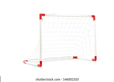 Studio Shot Of A Small Soccer Goal Isolated On White Background