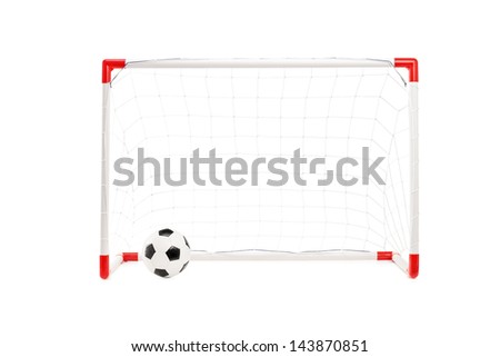 Studio shot of a soccer goal and ball isolated on white background
