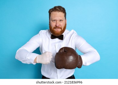 Studio Shot Of Sport Referee Wearing White Shirt And Butterfly Tie Isolated On Blue Studio Background. Concept Of Sport, Emotions, Rules, Competitions, Rights, Game, Sales. Copy Space For Ad