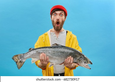 Studio shot of stylish young bearded fisherman in yellow raincoat and red hat looking in shock with jaw dropped, holding big sea-water fresh-caught fish in both hands, surprised with fine catch