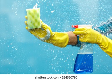 Studio Shot Through Glass Of Housekeeper. Woman Hand With Glove Holding Bottle Of Spray And Using Sponge To Make Window Clean. Focus On Hand