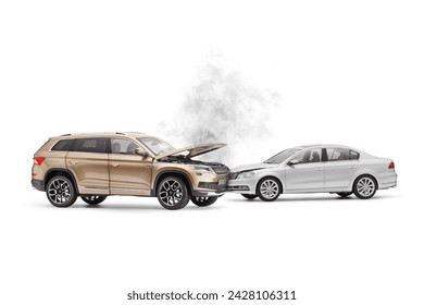 Studio shot of a traffic accident with a SUV and a silver car isolated on white background