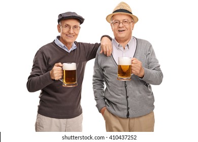 Studio shot of two old friends posing together and drinking beer isolated on white background