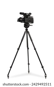 Studio shot of a video camera on a tripod stand isolated on white background