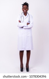 Studio Shot Of Young Beautiful African Woman Doctor Against White Background