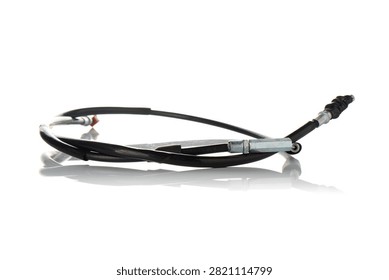 Studio side perspective view of complete motorcycle control cable featuring coiled black flexible sheath, zinc plated hexagonal union connector fitting, rubber accordion bellows boot, and soft reflection on isolated white background showcasing scooter hardware.