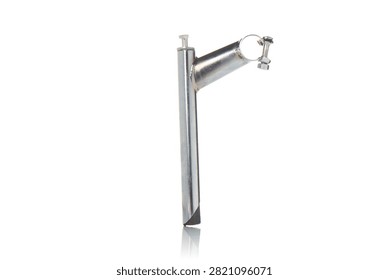 Studio side view of chrome plated steel quill bicycle handlebar stem featuring threaded steerer tube insertion wedge, clamp bolt hardware, high gloss polished finish, and soft bottom reflection on isolated white background showcasing classic cycling components.