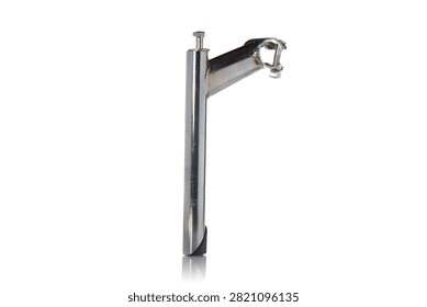 Studio side view of chrome plated steel quill bicycle handlebar stem featuring threaded steerer tube insertion wedge, clamp bolt hardware, high gloss polished finish, and soft bottom reflection on isolated white background showcasing classic cycling components.
