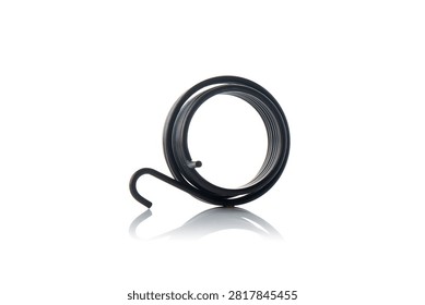 Studio three quarter perspective view of heavy duty black steel kickstarter return torsion spring featuring coiled wire loops, curved anchoring hook end, shot on reflective white background showcasing scooter engine starting mechanism hardware.