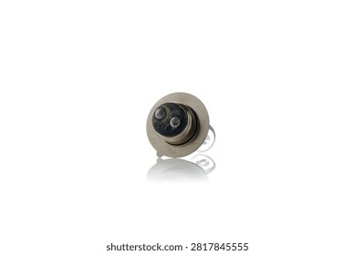 Studio three quarter perspective view of dual contact motorcycle headlight incandescent bulb featuring round metal mounting flange, dual solder contact terminals, and clear glass envelope, shot on reflective white background showcasing scooter lighting system hardware.