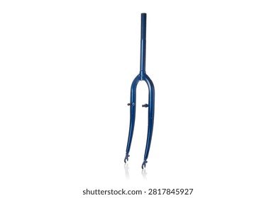 Studio three quarter perspective view of blue painted steel rigid bicycle front fork featuring welded v-brake pivots, long steerer tube, curved fork blades, and wheel dropouts, shot on reflective white background showcasing cycling steering replacement hardware.