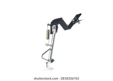 Studio three quarter perspective view of chrome plated metal motorcycle side stand assembly featuring return spring, black painted mounting bracket, and heavy duty bolts, shot on reflective white background showcasing scooter parking kickstand hardware.