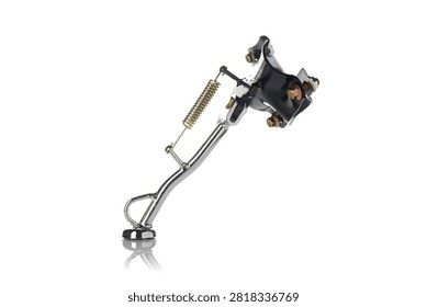 Studio three quarter perspective view of chrome plated metal motorcycle side stand assembly featuring return spring, black painted mounting bracket, and heavy duty bolts, shot on reflective white background showcasing scooter parking kickstand hardware.