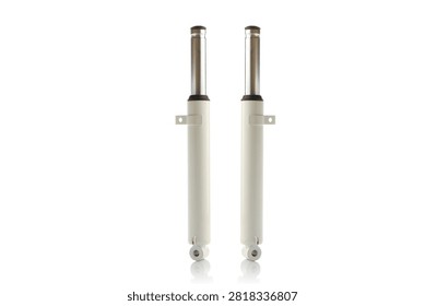 Studio three quarter perspective view of pair white front fork shock absorbers featuring polished chrome inner tubes, painted outer legs, and mounting eyelets, shot on reflective white background showcasing scooter suspension unit hardware.