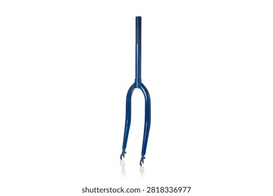 Studio three quarter perspective view of blue painted steel rigid bicycle front fork featuring steerer tube, curved blades, and wheel dropouts, shot on reflective white background showcasing cycling steering replacement hardware.